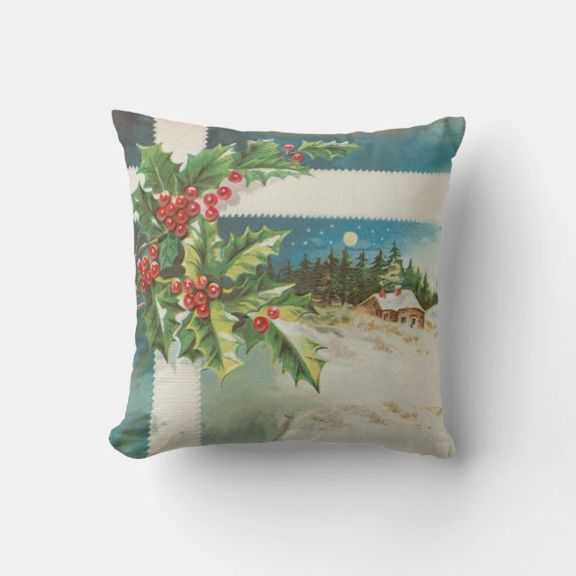 Christmas Scene Holly Snow Winter Cushion (Front)