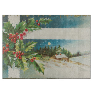 Christmas Scene Holly Snow Winter Cutting Board