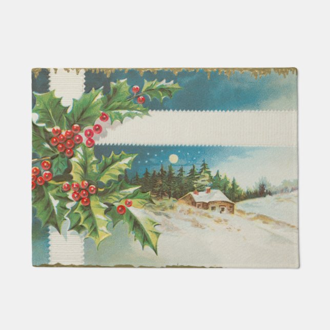 Christmas Scene Holly Snow Winter Doormat (Front)