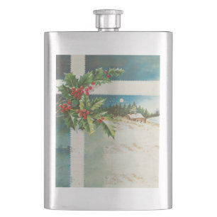 Christmas Scene Holly Snow Winter Hip Flask