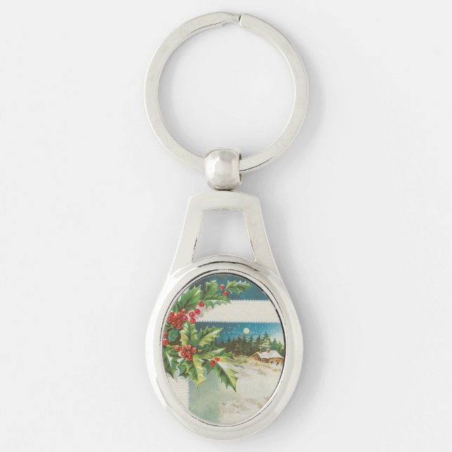 Christmas Scene Holly Snow Winter Key Ring (Front)