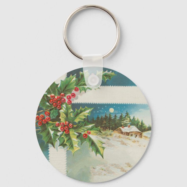 Christmas Scene Holly Snow Winter Key Ring (Front)