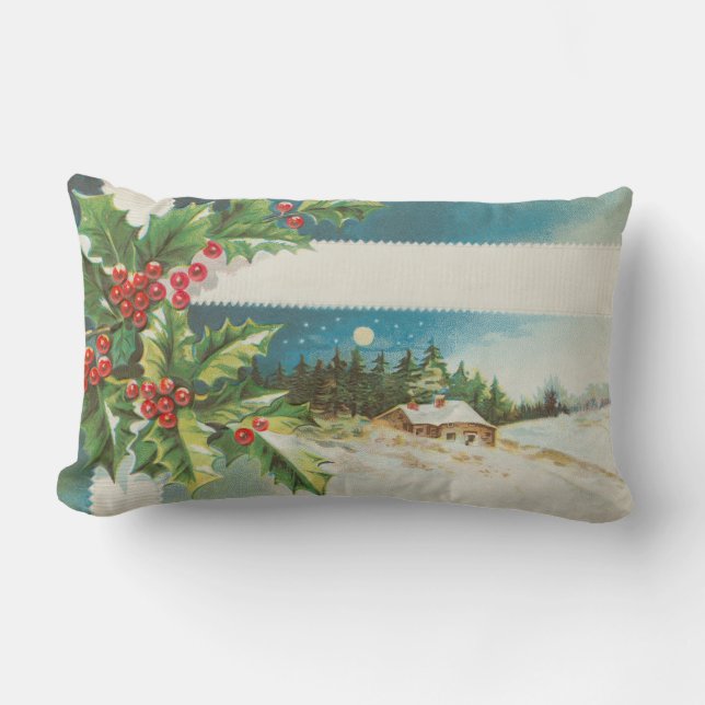 Christmas Scene Holly Snow Winter Lumbar Cushion (Front)
