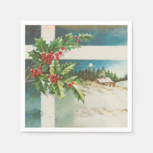 Christmas Scene Holly Snow Winter Napkin