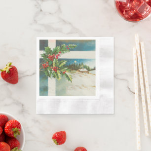 Christmas Scene Holly Snow Winter Napkin