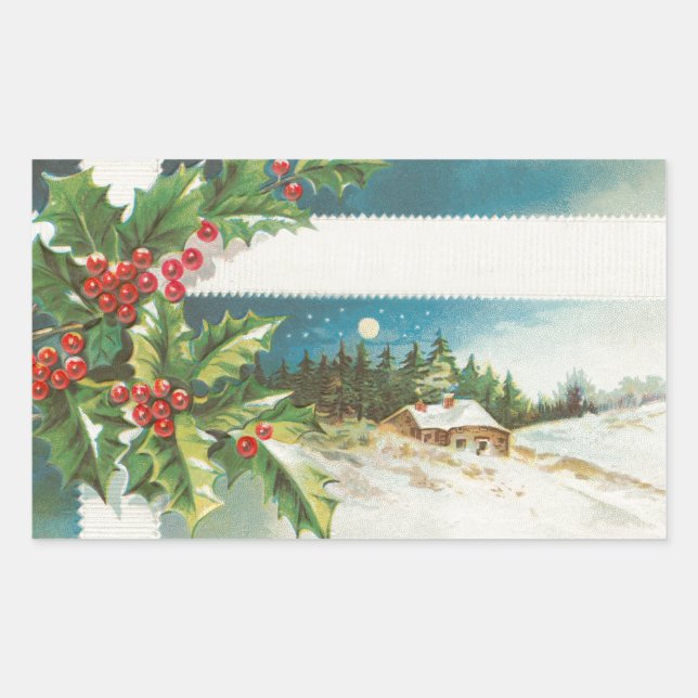 Christmas Scene Holly Snow Winter Rectangular Sticker (Front)