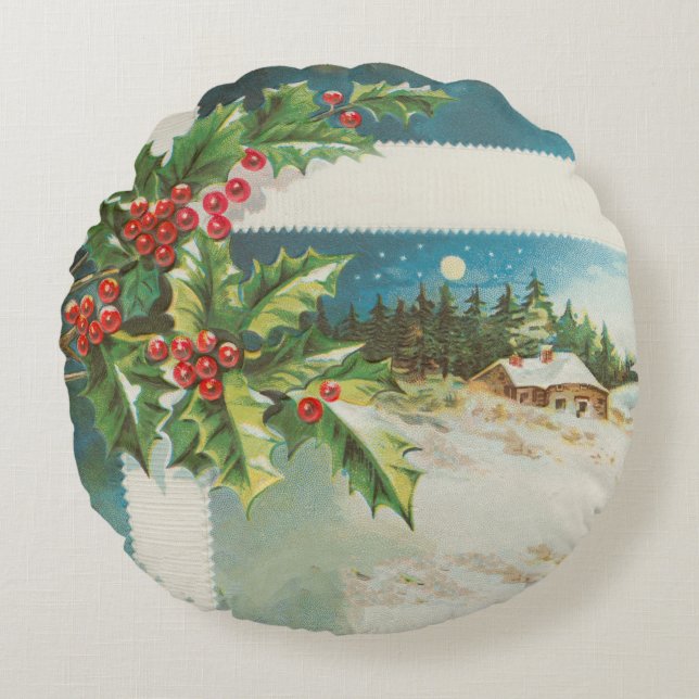 Christmas Scene Holly Snow Winter Round Cushion (Front)