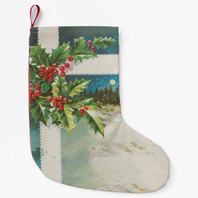 Christmas Scene Holly Snow Winter Small Christmas Stocking (Front)