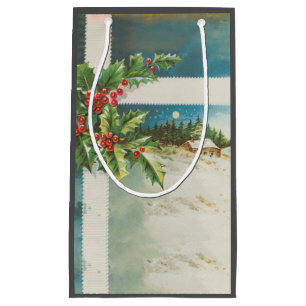 Christmas Scene Holly Snow Winter Small Gift Bag