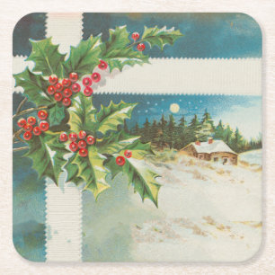 Christmas Scene Holly Snow Winter Square Paper Coaster