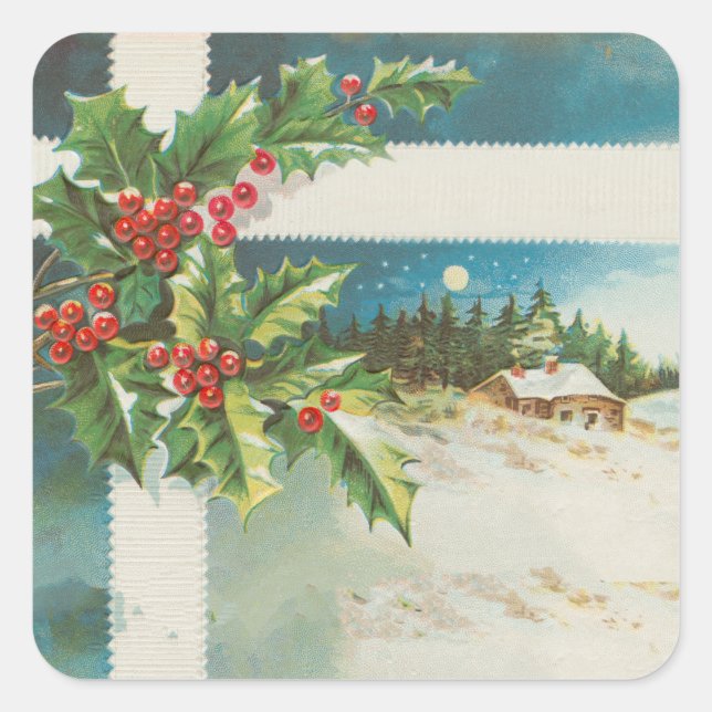 Christmas Scene Holly Snow Winter Square Sticker (Front)