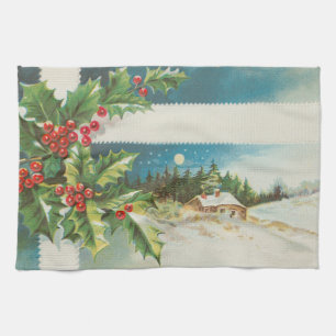 Christmas Scene Holly Snow Winter Tea Towel