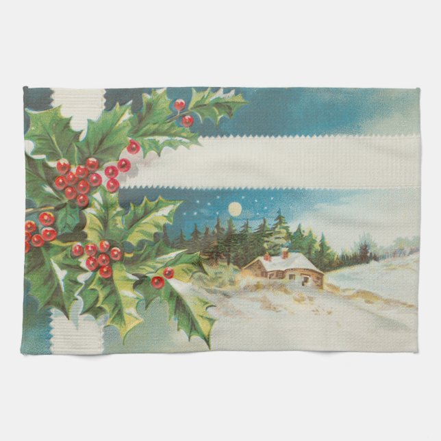 Christmas Scene Holly Snow Winter Tea Towel (Horizontal)