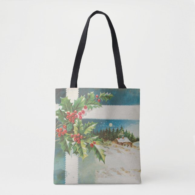 Christmas Scene Holly Snow Winter Tote Bag (Front)