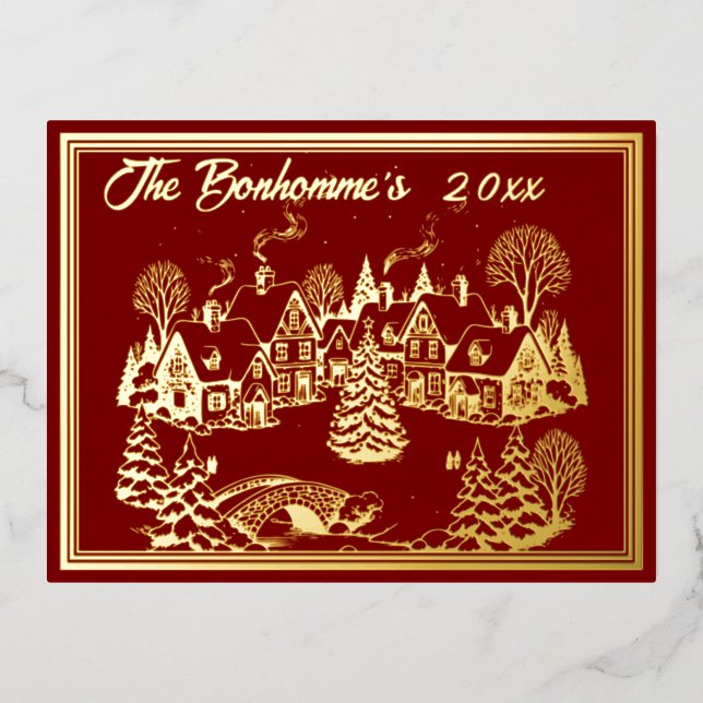 Christmas Scene in Gold with Red Foil Holiday Postcard (Front)