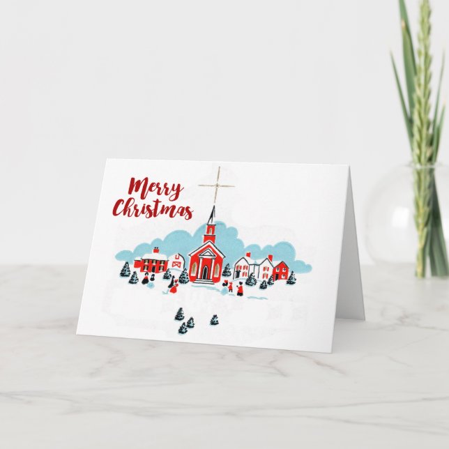 Christmas Scene with a Red Church and Star Above Holiday Card (Front)