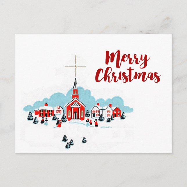 Christmas Scene with a Red Church and Star Above Holiday Postcard (Front)