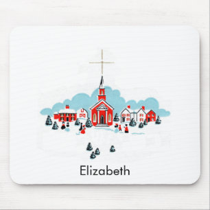 Christmas Scene with a Red Church and Star Above Mouse Mat