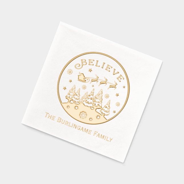 Christmas Scene with “Believe” Text Family Name Foil Napkins (Left)