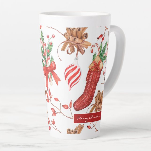 Christmas Scents Cinnamon and Peppermint Pattern Latte Mug (Right Angle)