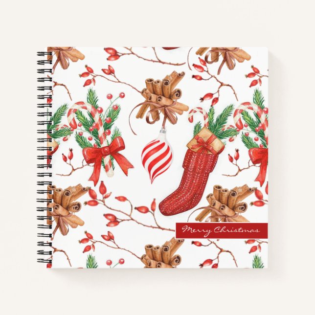 Christmas Scents Cinnamon and Peppermint Pattern Notebook (Front)