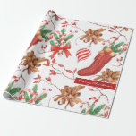 Christmas Scents Cinnamon and Peppermint Pattern Wrapping Paper<br><div class="desc">Beautiful and cosy Christmas scents watercolor clipart pattern featuring Christmas stockings in red,  peppermint candies with Christmas red ribbon bow,  cinnamon sticks,  elegant Christmas tree decorations and rosehips branches.
A lovely Holiday pattern for a warm ans cosy Christmas.
Personalise by changing the text.</div>