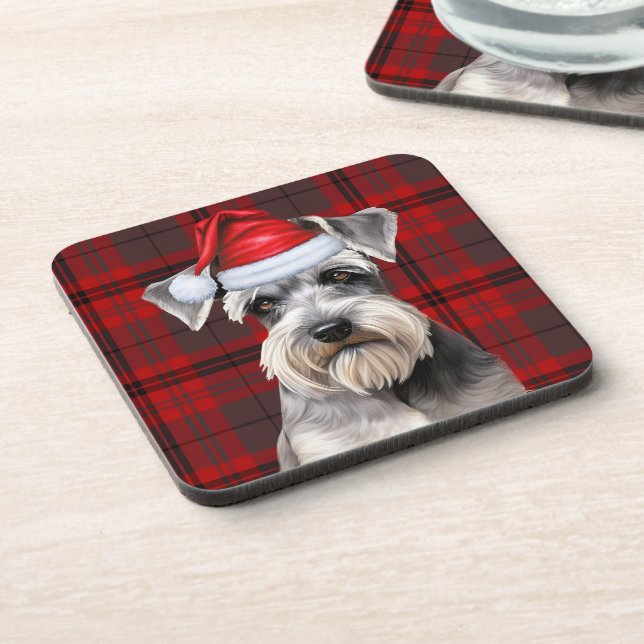 Christmas Schnauzer Dog Red Plaid Holiday Coaster (Left Side)