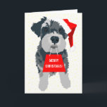 Christmas Schnauzer Dog Santa Hat Greeting Card<br><div class="desc">Miniature Schnauzer wearing Santa hat and bringing a gift bag with words Merry Christmas! Cute,  fun and simple Christmas design. Tiny snowflakes in the background. Custom Christmas wish on the inside. Grey,  red and white.</div>