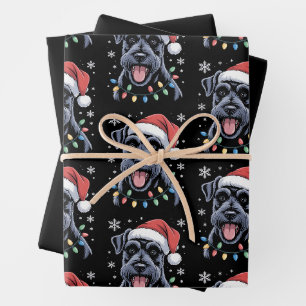 Christmas Schnauzer Dog Santa Hat Snowflakes Wrapping Paper Sheet