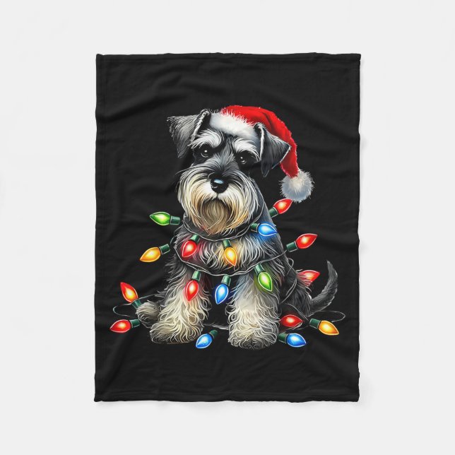 Christmas Schnauzer Dog Santa Hat Xmas Light Holid Fleece Blanket (Front)