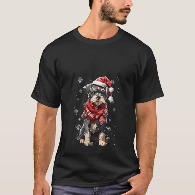 Christmas Schnauzer Puppy Illustration Scarf Santa T-Shirt (Front)