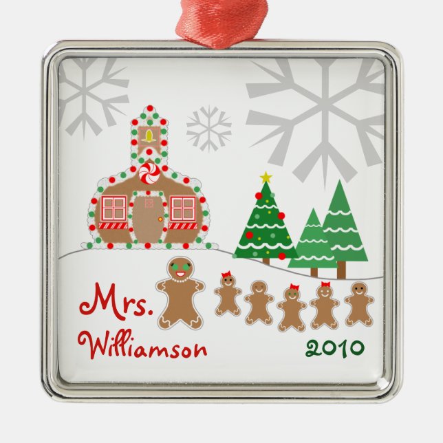 Christmas Schoolhouse Scene - Gingerbread Teacher Metal Tree Decoration (Front)