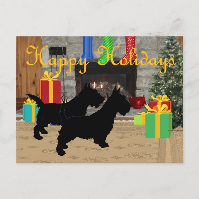 Christmas Scotties by the Fireplace Holiday Postcard (Front)