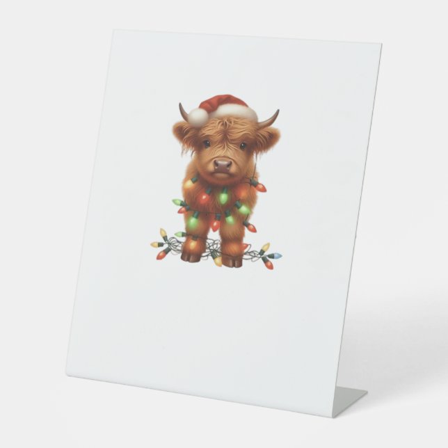 Christmas Scottish Highland Cow Classic T-Shirt Pedestal Sign (Front)