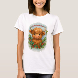 Christmas Scottish Highland Cow Holly & Mistletoe T-Shirt