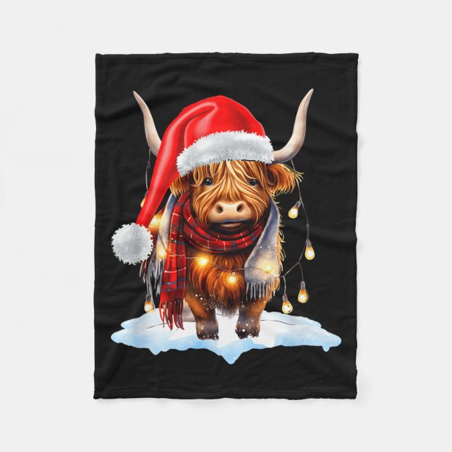 Christmas Scottish Highland Cow Wrapped In Christm Fleece Blanket (Front)