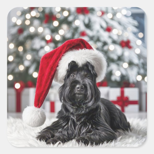Christmas Scottish Terrier On a White Rug Square Sticker (Front)