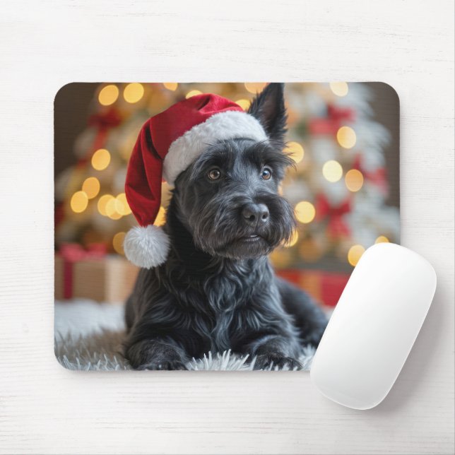 Christmas Scottish Terrier On Fur Mouse Mat (With Mouse)