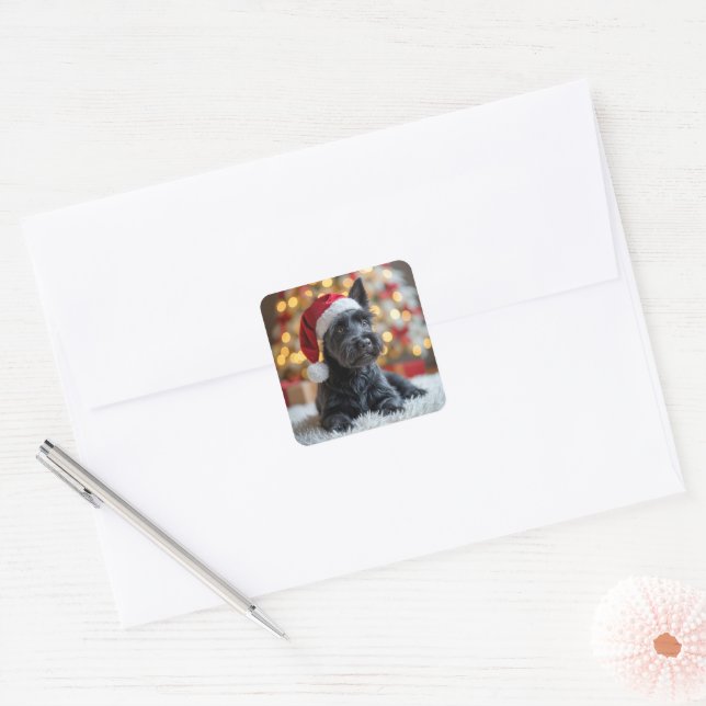 Christmas Scottish Terrier On Fur Square Sticker (Envelope)