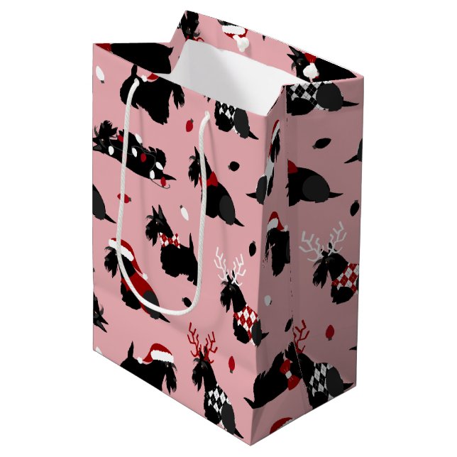 Christmas Scottish Terrier Pink Medium Gift Bag (Front Angled)