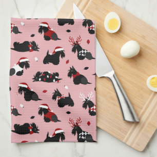 Christmas Scottish Terrier Pink Tea Towel