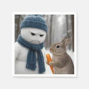 Christmas Scowling Snowman With a Bunny Napkin