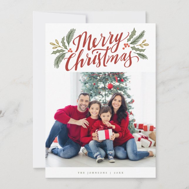 Christmas script and greens holiday multi-photo  card (Front)