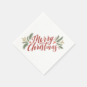Christmas script and greens holiday napkin