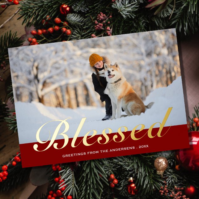 Christmas Script Blessed Modern Photo Foil Holiday Card (Creator Uploaded)
