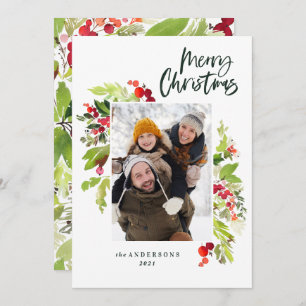 Christmas script botanical 1 photo red green holiday card