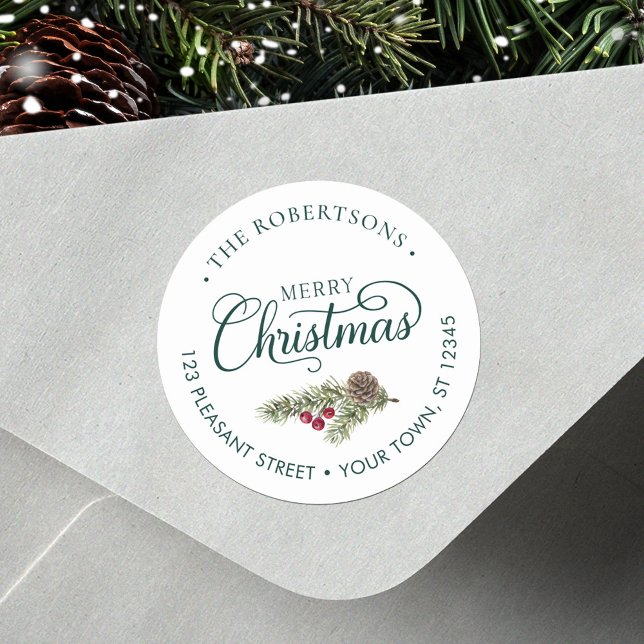 Christmas Script Botanical Green Return Address Classic Round Sticker (Creator Uploaded)