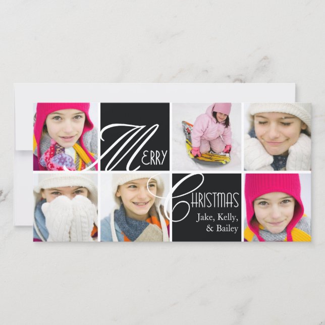 Christmas Script Collage in Black Greeting Card (Front)