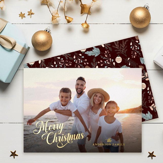 Christmas Script Full Photo Boho Greenery Gold Foil Holiday Card (Creator Uploaded)