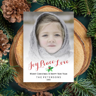Christmas Script Joy Peace Love Holly Photo Holiday Card